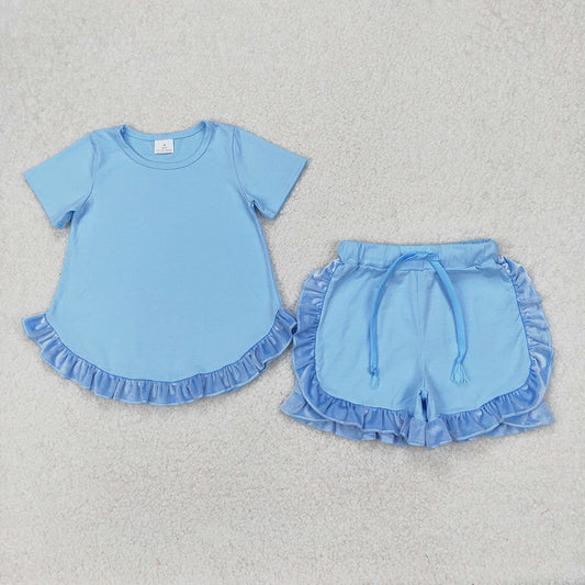 GSSO2183 Aqua Tunic Velvet Top Ruffle Shorts Boutique Outfits Sports Sets