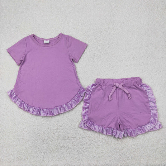 GSSO2184 Purple Tunic Velvet Top Ruffle Shorts Boutique Outfits Sports Sets