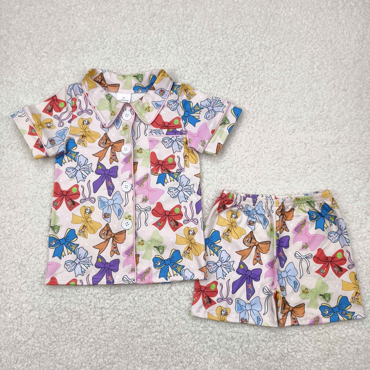 Sibling Baby Girls Colorful Bows Buttons Shirt Shorts Pajamas Clothes Sets