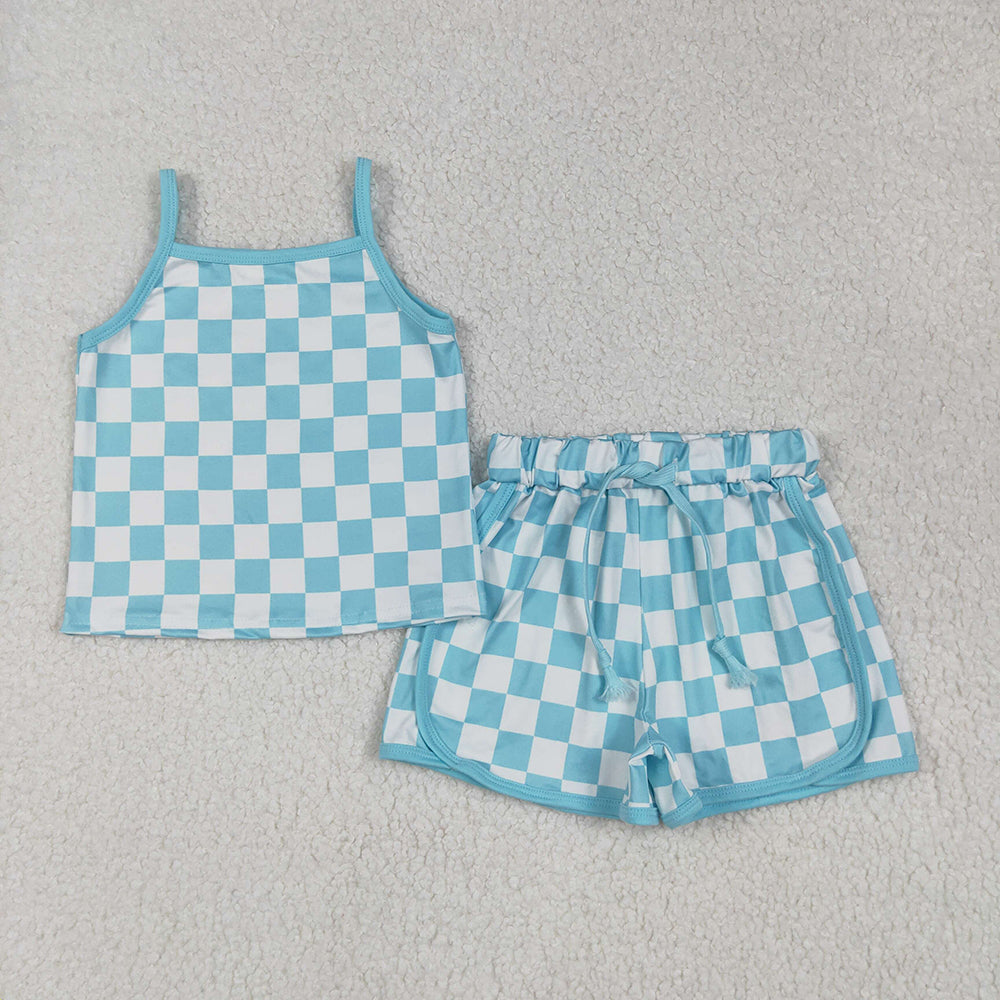 Sibling 4 Colors Baby Girls Strap Plaid Top Short Sports Sets