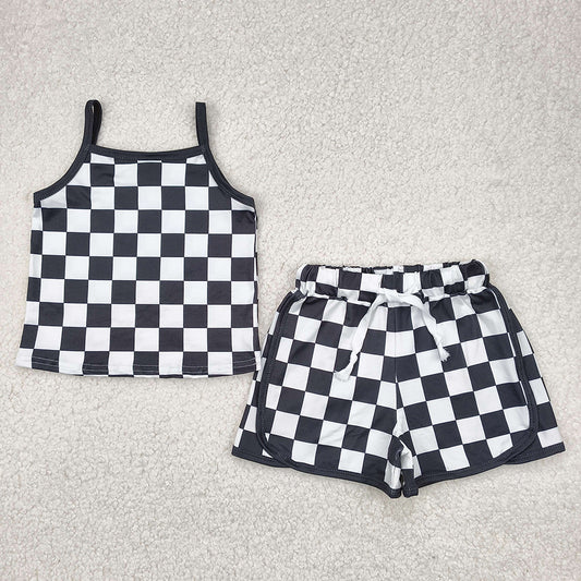 GSSO2334 Black Checkered Top Shorts Boutique Outfits Sports Sets