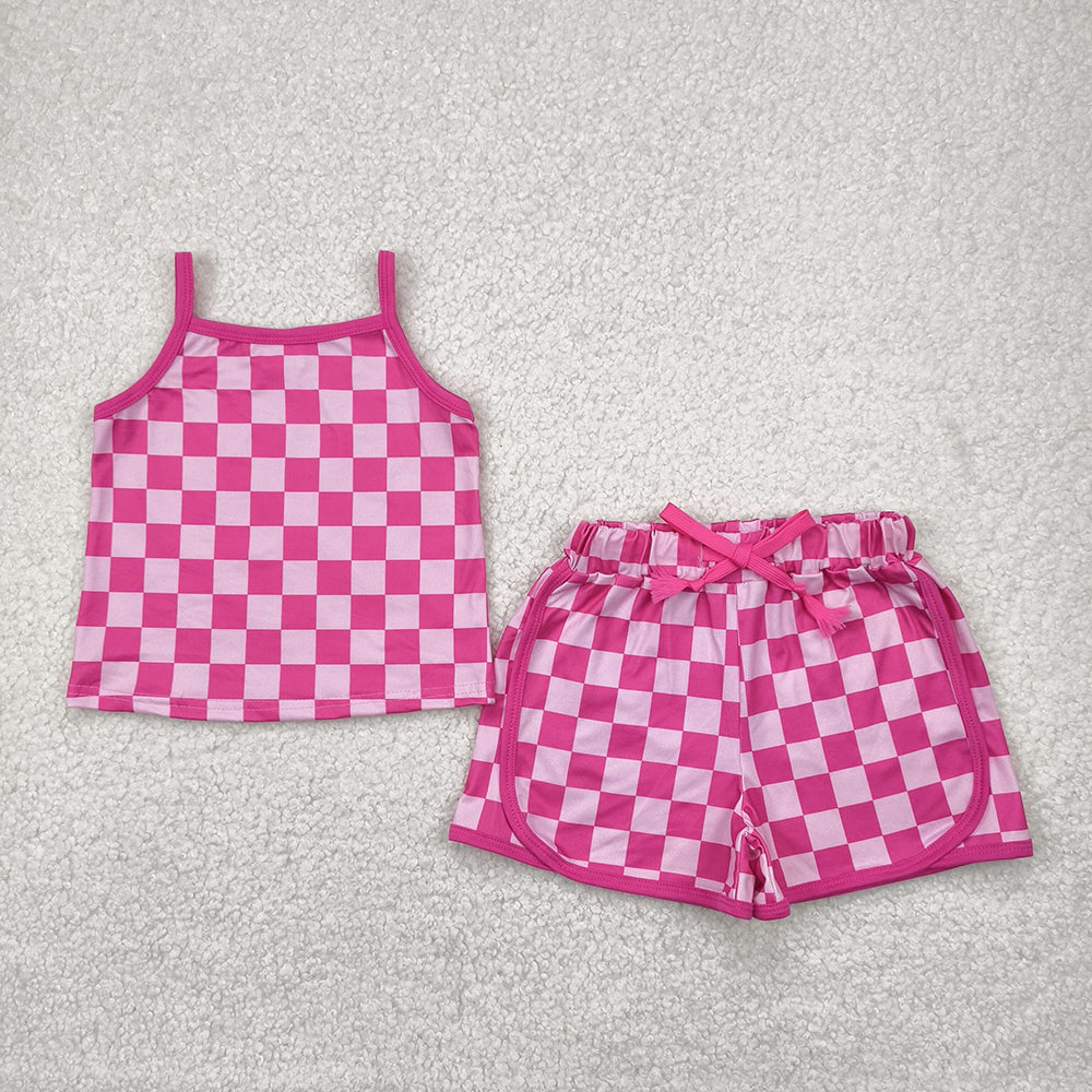 Sibling 4 Colors Baby Girls Strap Plaid Top Short Sports Sets