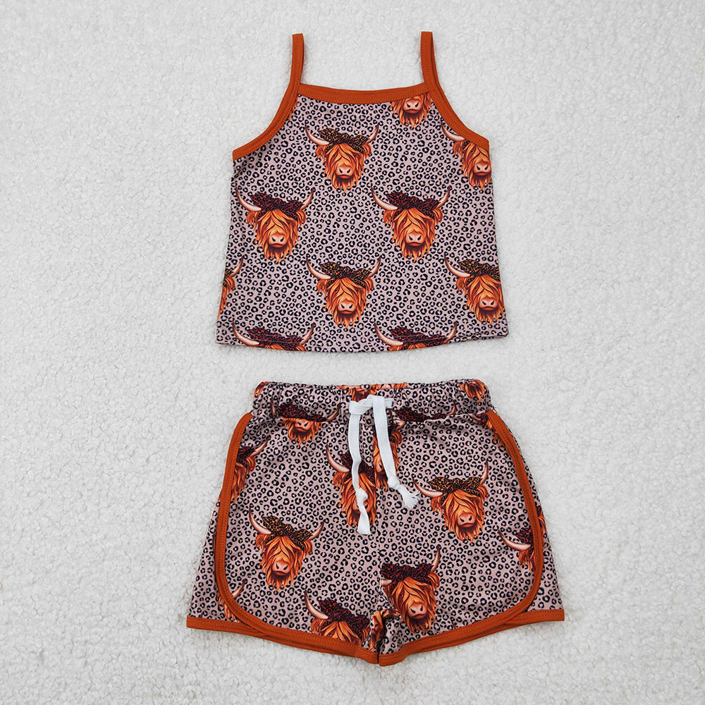 GSSO2341  baby girls western summer leopard cow strap top shorts outfits sets