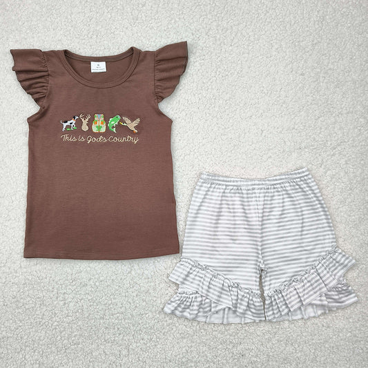 GSSO2353 baby girls ducks hunting embroidery shirt shorts summer outfits