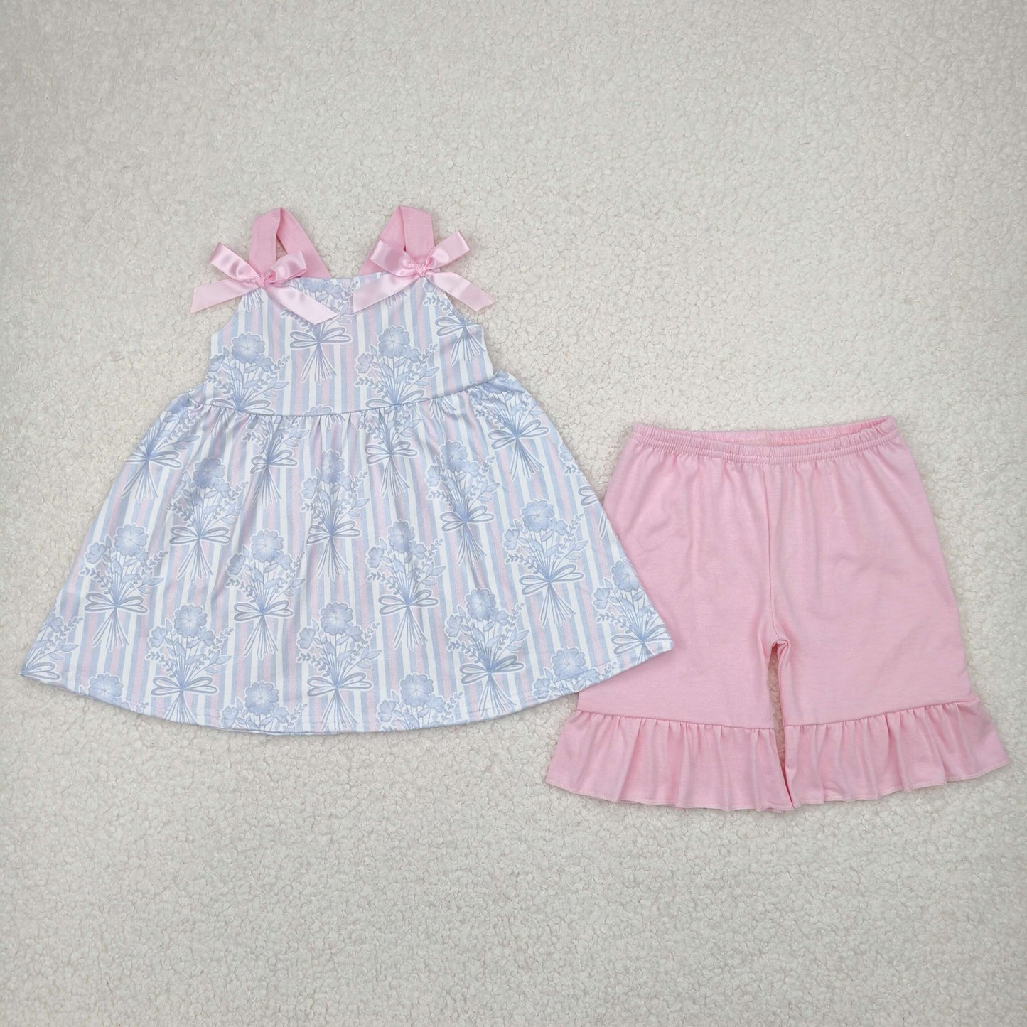 Sibling Baby Girls Strap Flowers Tunic Ruffle Shorts Clothes Sets