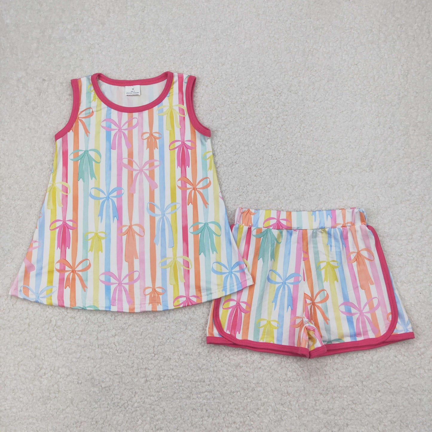 Sibling Baby Girls Sleeveless Colorful Stripe Bows Top Shorts Sets