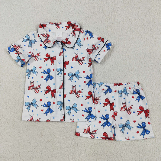 GSSO2484 Boys Girls 4th of july big bows Button Ups Shirt Shorts Summer Pajamas