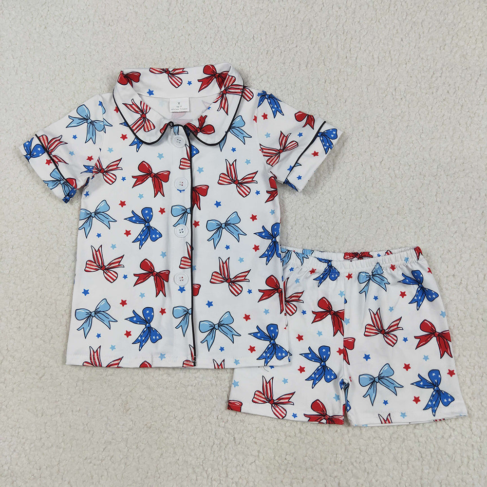 Sibling Baby Girls Bows Button Top Short 4th Of July Pajamas Sets