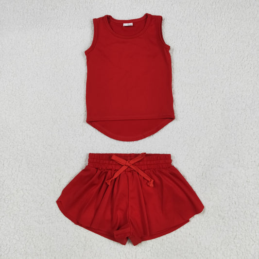 GSSO2499 Baby Girls Red Sleeveless Vests Top Ruffle Shorts Yoga Active Clothes Sets