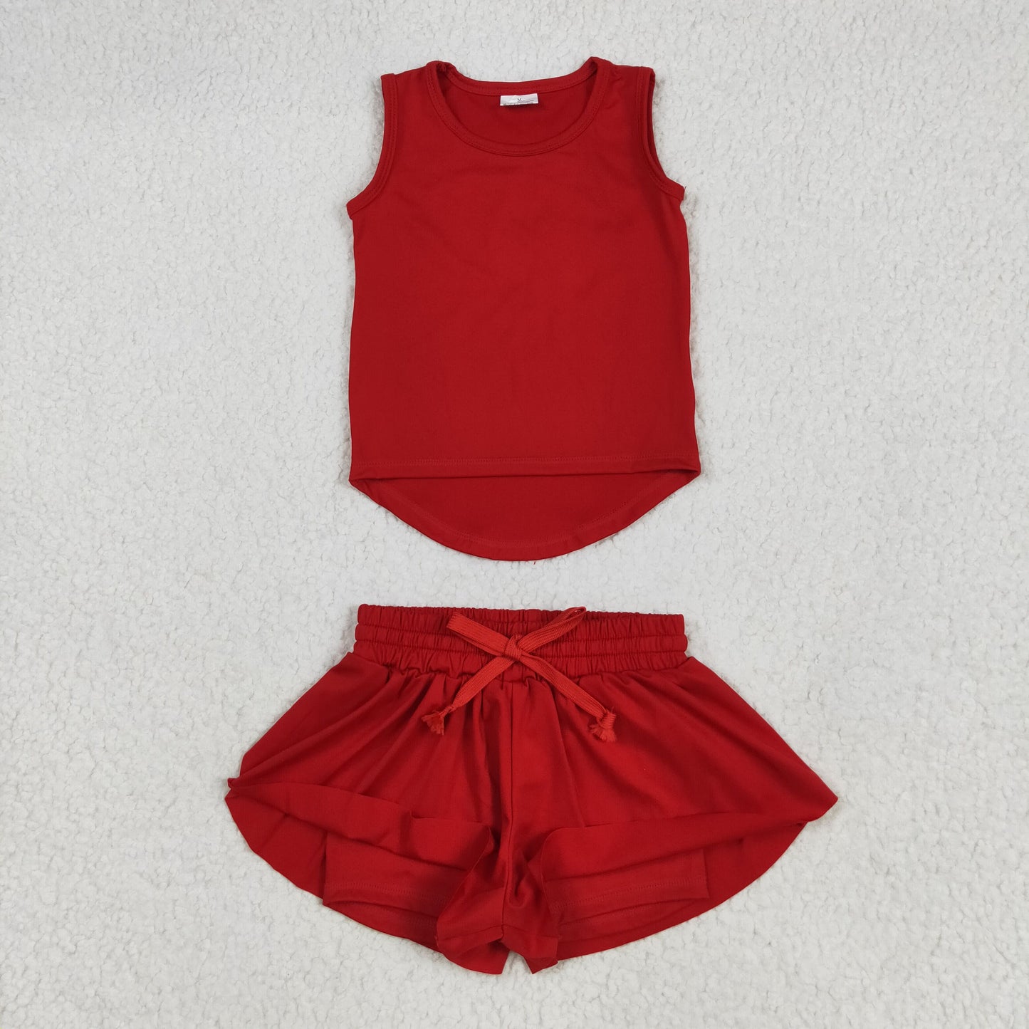 GSSO2499 Baby Girls Red Sleeveless Vests Top Ruffle Shorts Yoga Active Clothes Sets