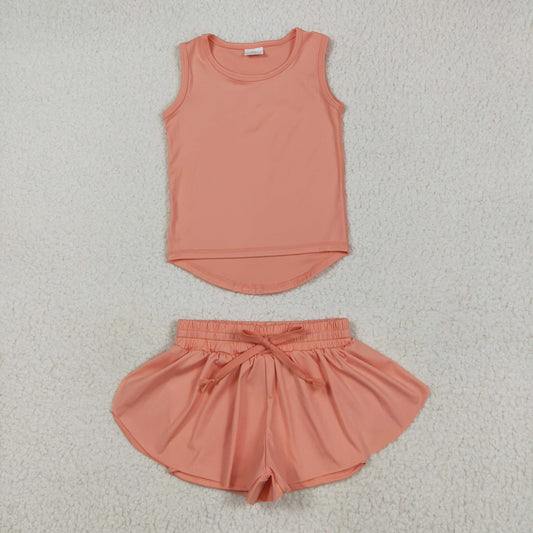 GSSO2502 Baby Girls Peach Sleeveless Vests Top Ruffle Shorts Yoga Active Clothes Sets