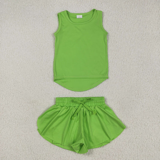 GSSO2503 Baby Girls Green Sleeveless Vests Top Ruffle Shorts Yoga Active Clothes Sets