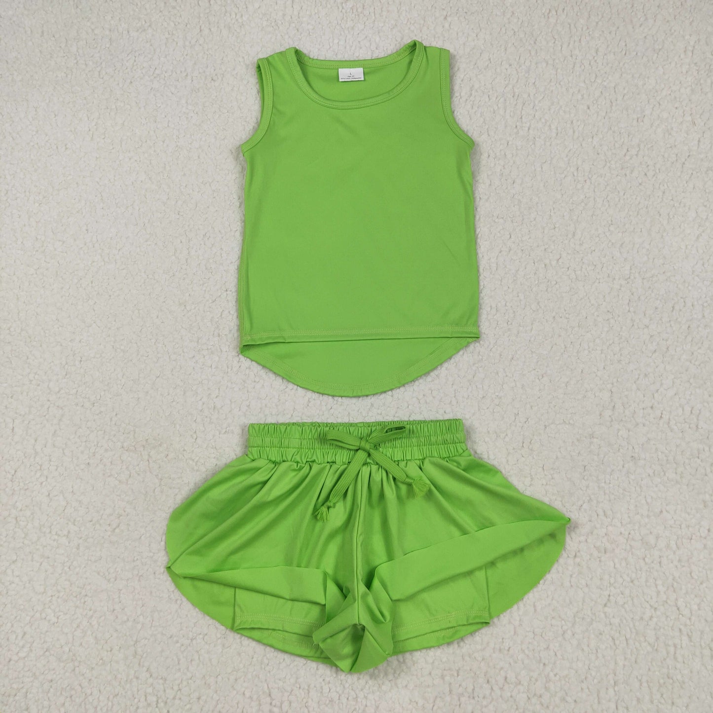 GSSO2503 Baby Girls Green Sleeveless Vests Top Ruffle Shorts Yoga Active Clothes Sets