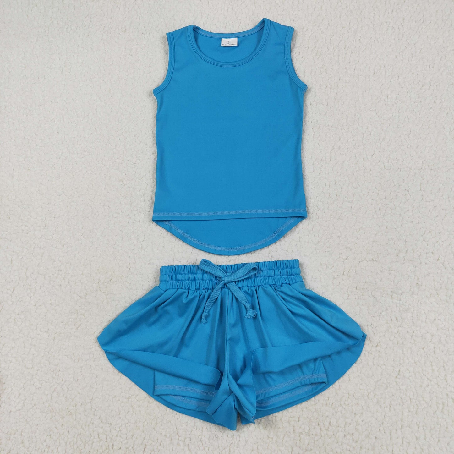 GSSO2504 Baby Girls Blue Sleeveless Vests Top Ruffle Shorts Yoga Active Clothes Sets