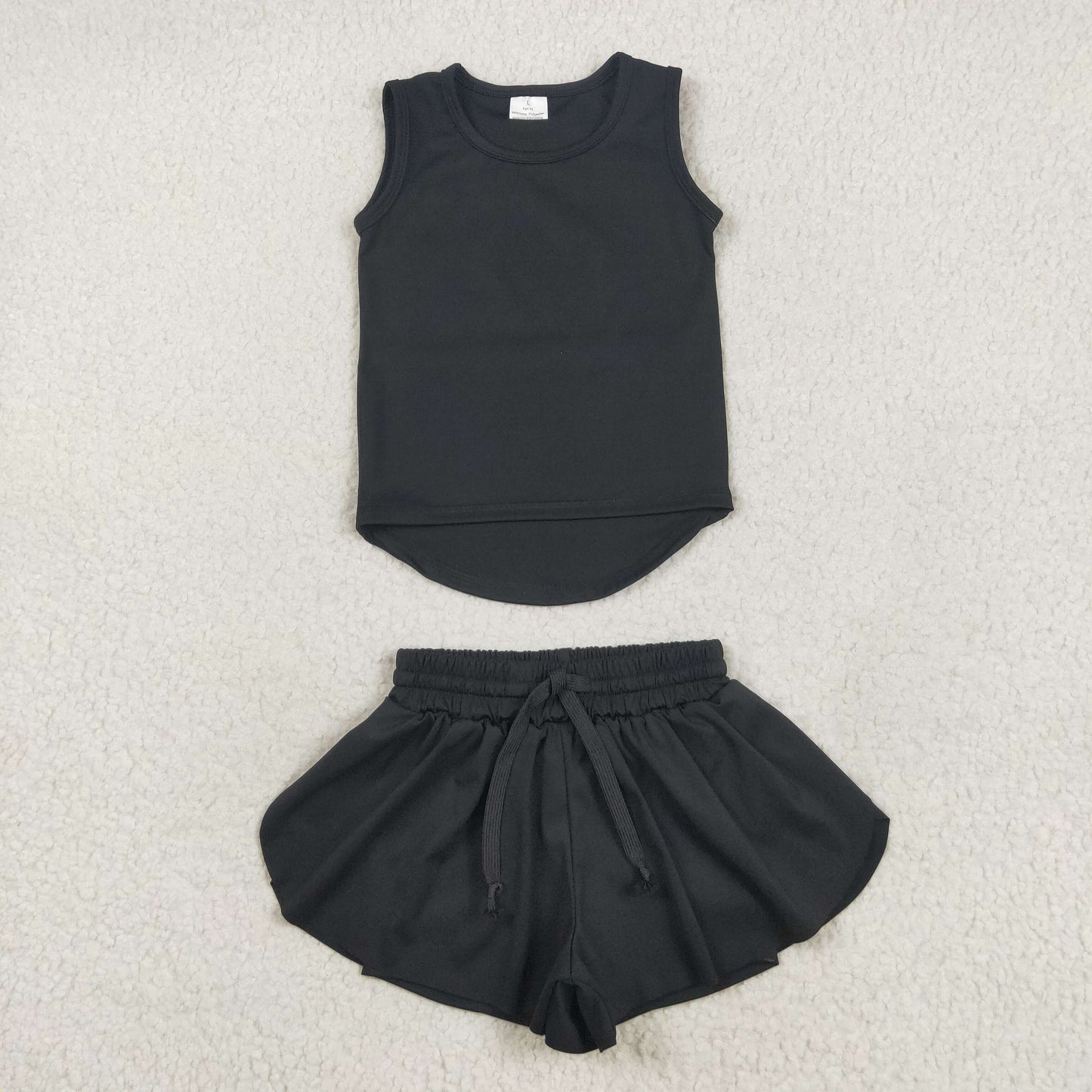 GSSO2505 Baby Girls Black Sleeveless Vests Top Ruffle Shorts Yoga Active Clothes Sets