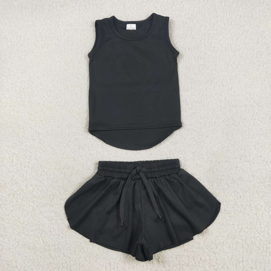 GSSO2505 Baby Girls Black Sleeveless Vests Top Ruffle Shorts Yoga Active Clothes Sets