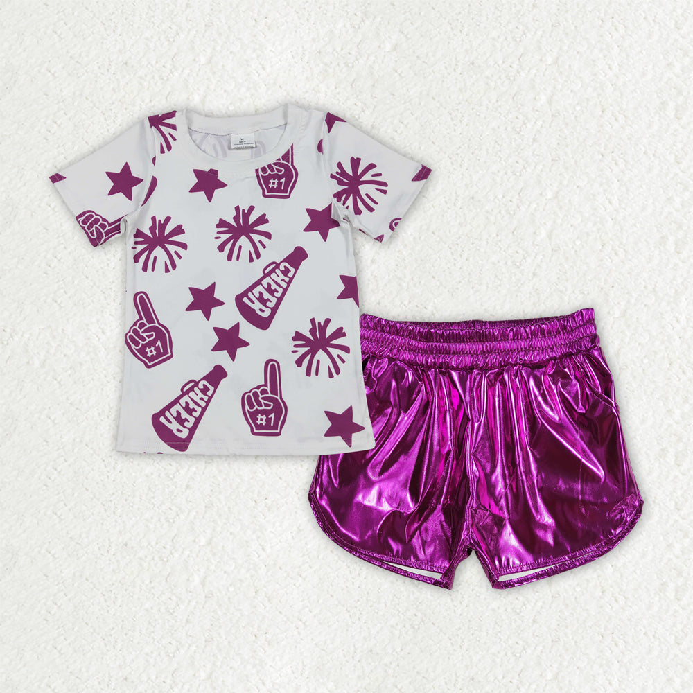 Sibling Baby Girls Cheer Team Shirts Top Leather Shorts Summer Clothes Sets