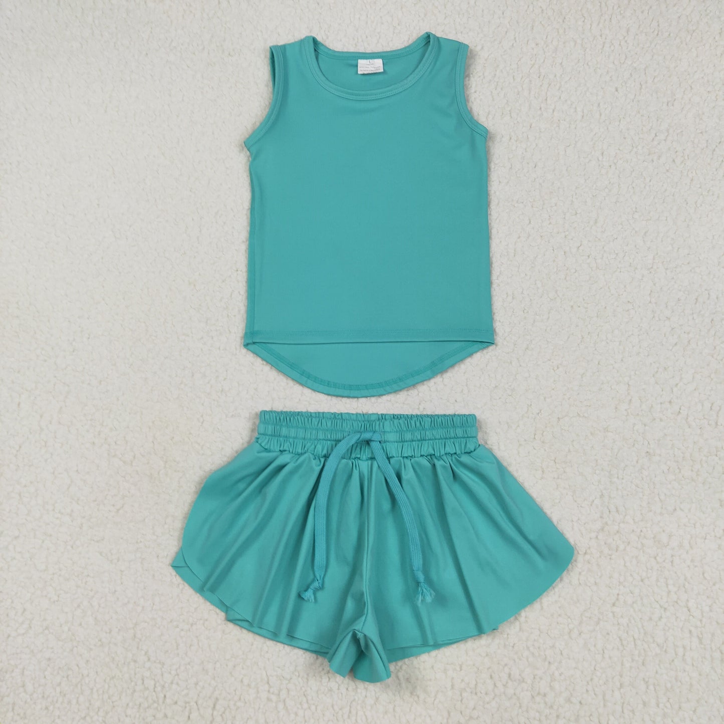 GSSO2572 Baby Girls Aqua Sleeveless Vests Top Ruffle Shorts Yoga Active Clothes Sets