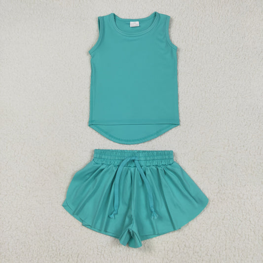 GSSO2572 Baby Girls Aqua Sleeveless Vests Top Ruffle Shorts Yoga Active Clothes Sets