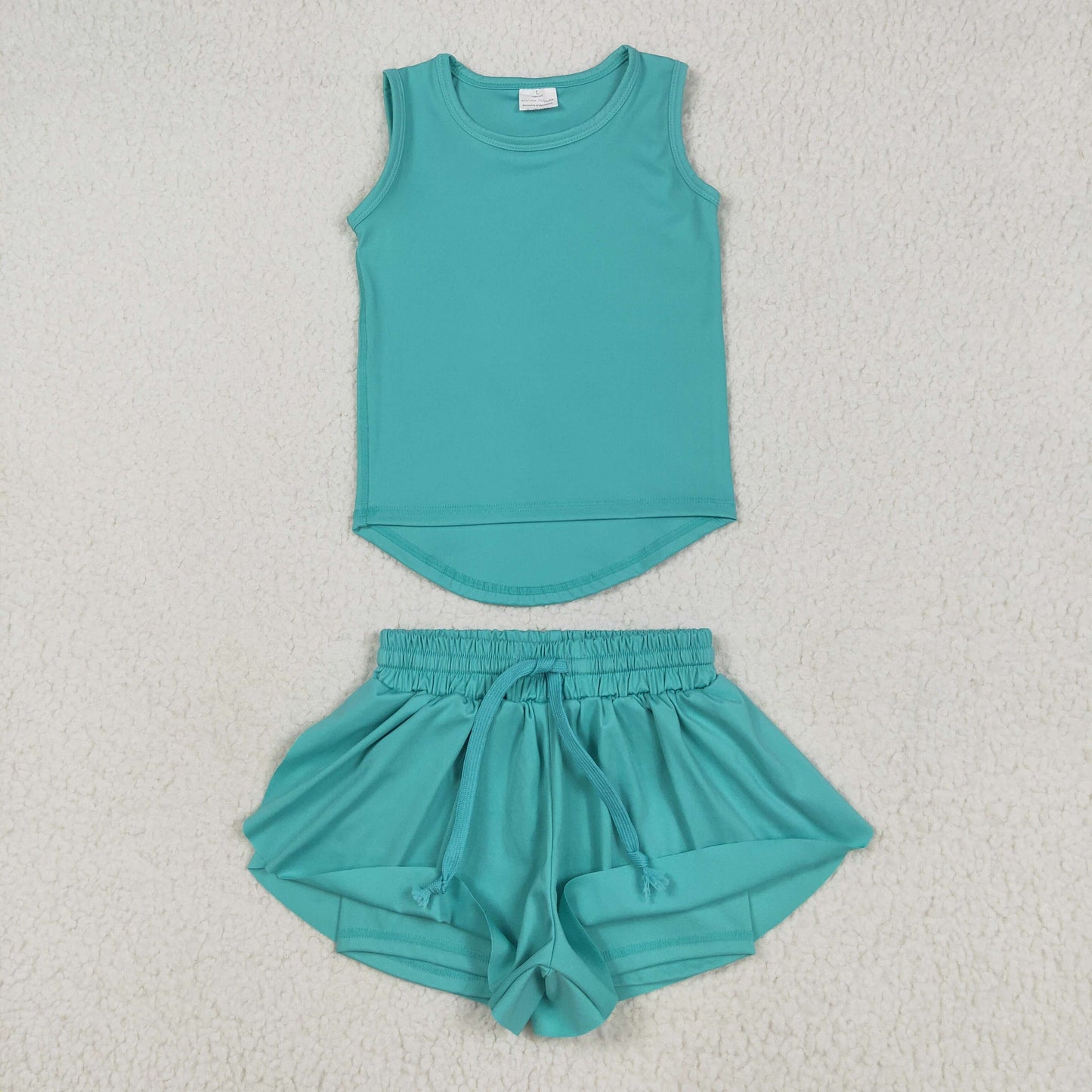 GSSO2572 Baby Girls Aqua Sleeveless Vests Top Ruffle Shorts Yoga Active Clothes Sets