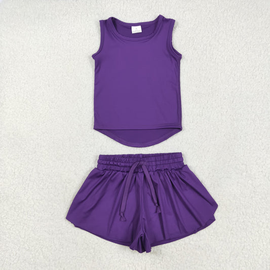 GSSO2573 Baby Girls Purple Sleeveless Vests Top Ruffle Shorts Yoga Active Clothes Sets