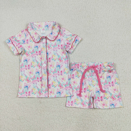 GSSO2601  Girls Colorful butterfly Button Ups Shirt Shorts Summer Pajamas