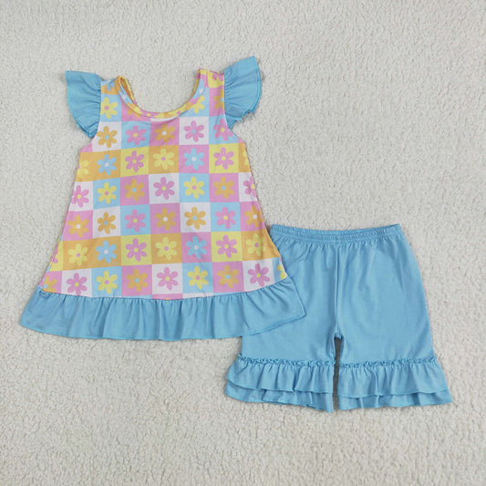 GSSO2623 baby girls groovy flowers back bow tunic ruffle shorts outfits sets