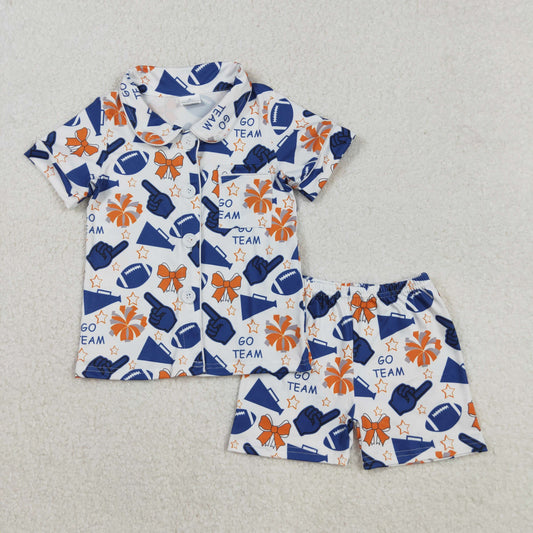 GSSO2675 Baby Girls Orange Blue Bows Footballs Button Pocket Top Shorts Team Pajamas Sets