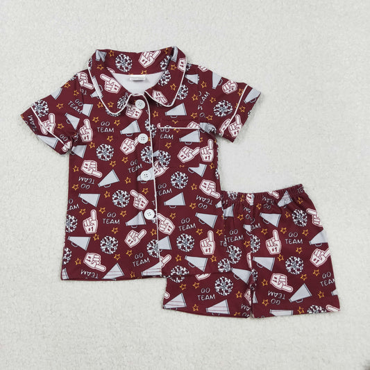 GSSO2678 Baby Girls Dark Red Footballs Go Team Button Pocket Top Shorts Pajamas Sets
