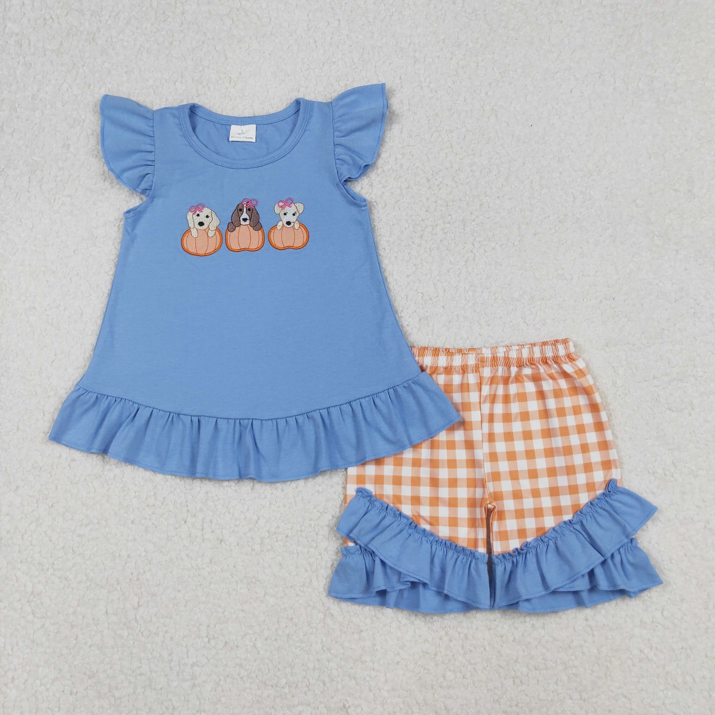 GSSO2700 Baby Girls Embroidery Dogs Pumpkins Tunic Ruffle Shorts Fall Clothes Sets