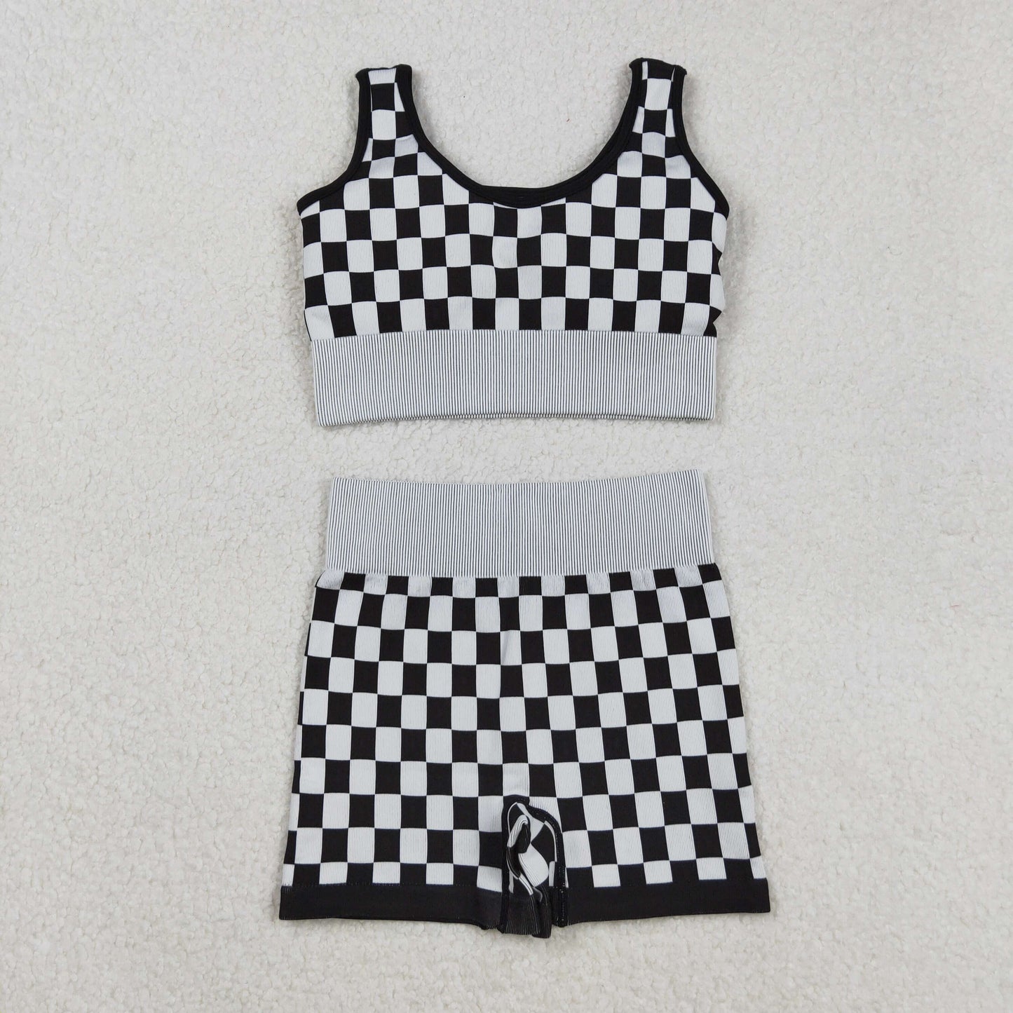 Sibling Adult Women Checkered Camo Crop Bra Top Shorts Yoga Outfits Sets