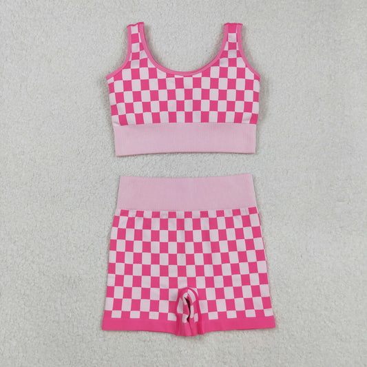 GSSO2704 Adult Women Pink Checked Vest Shorts Thick Fabric Clothes Sets