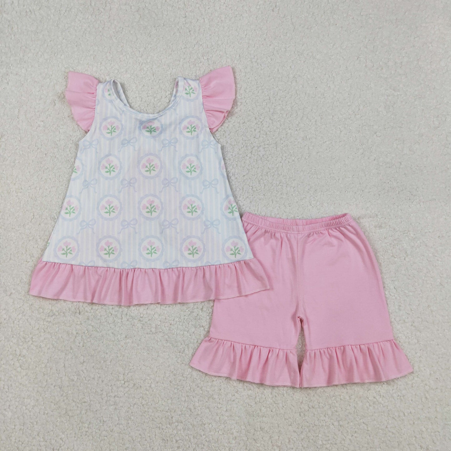 GSSO2732 Baby Girls Pink Flowers Stripe Back Bows Tunic Ruffle Shorts Clothes Sets