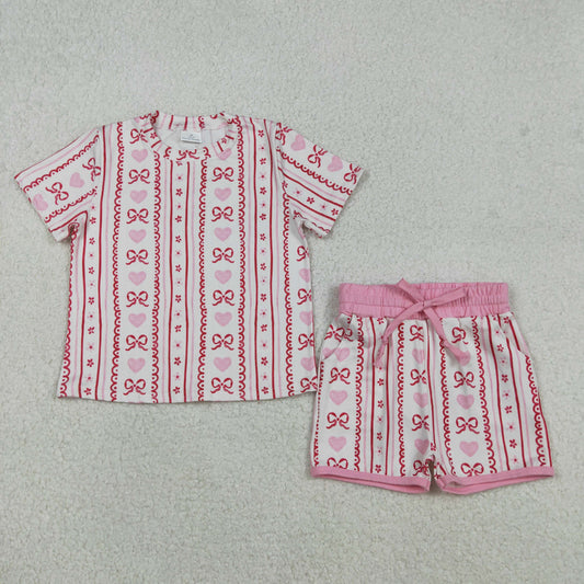 GSSO2738 Baby Girls Heart Bows Stripe Top Pockets Shorts Valentines Clothes Sets