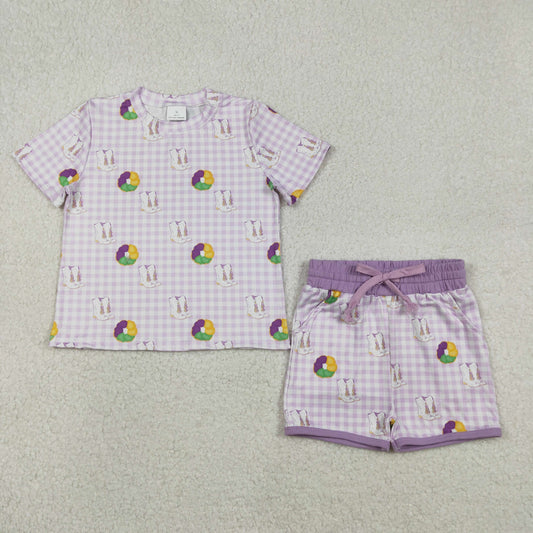 GSSO2740 Baby Girls Mardigras Checked Boots Donuts Top Pockets Shorts Clothes Sets