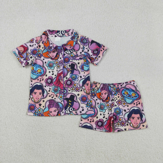 GSSO2753 Baby Girls Demon Hunter Flowers Button Pocket Top Shorts Pajamas Sets
