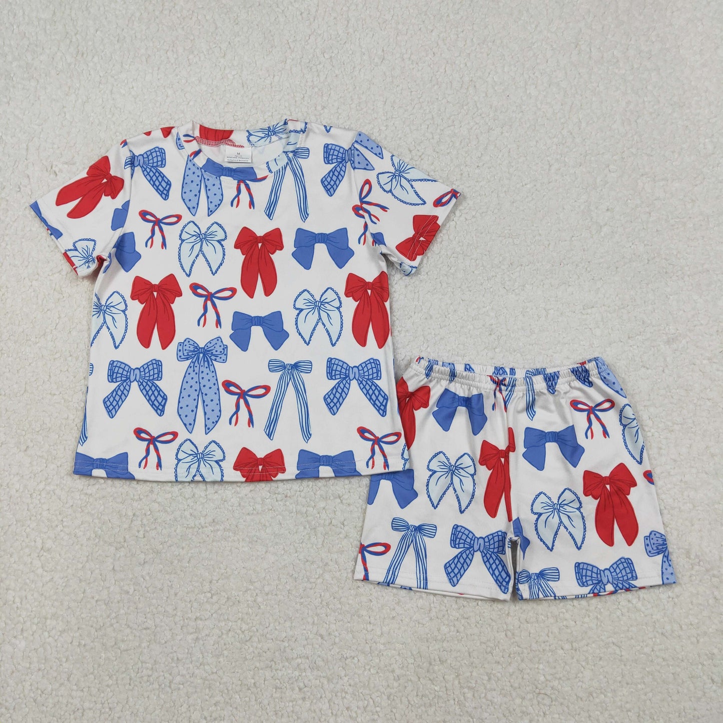 GSSO2772 Baby Girls Red Blue Bows Plaid Top Shorts 4th of July Pajamas Clothes Sets