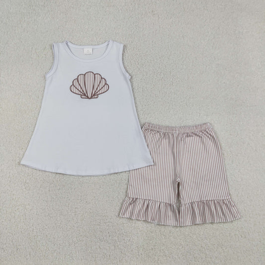 GSSO2787 Baby Girls Embroidery Stripe Shells Tunic Ruffle Shorts Clothes Sets