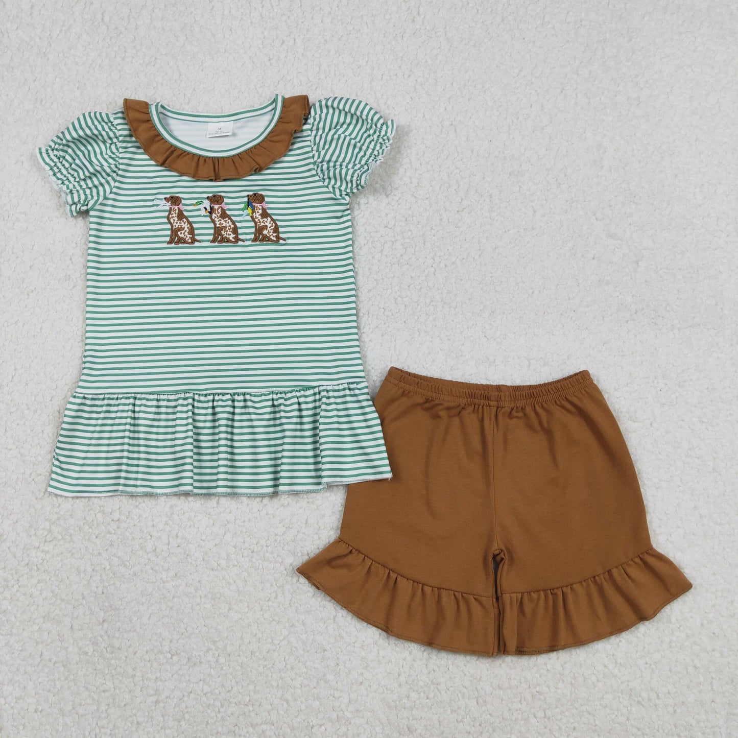 GSSO2793 Baby Girls Embroidery Duck Dogs Green Stripe Collar Top Ruffle Shorts Hunting Clothes Sets
