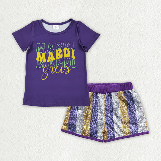 Baby Girls Purple Shirts Top Stripe Sequin Shorts Mardigras Clothes Sets