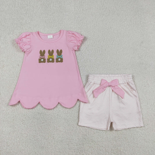 GSSO2829 Baby Girls Embroidery Rabbits Tunic Polka Dots Pockets Short Easter Clothes Sets