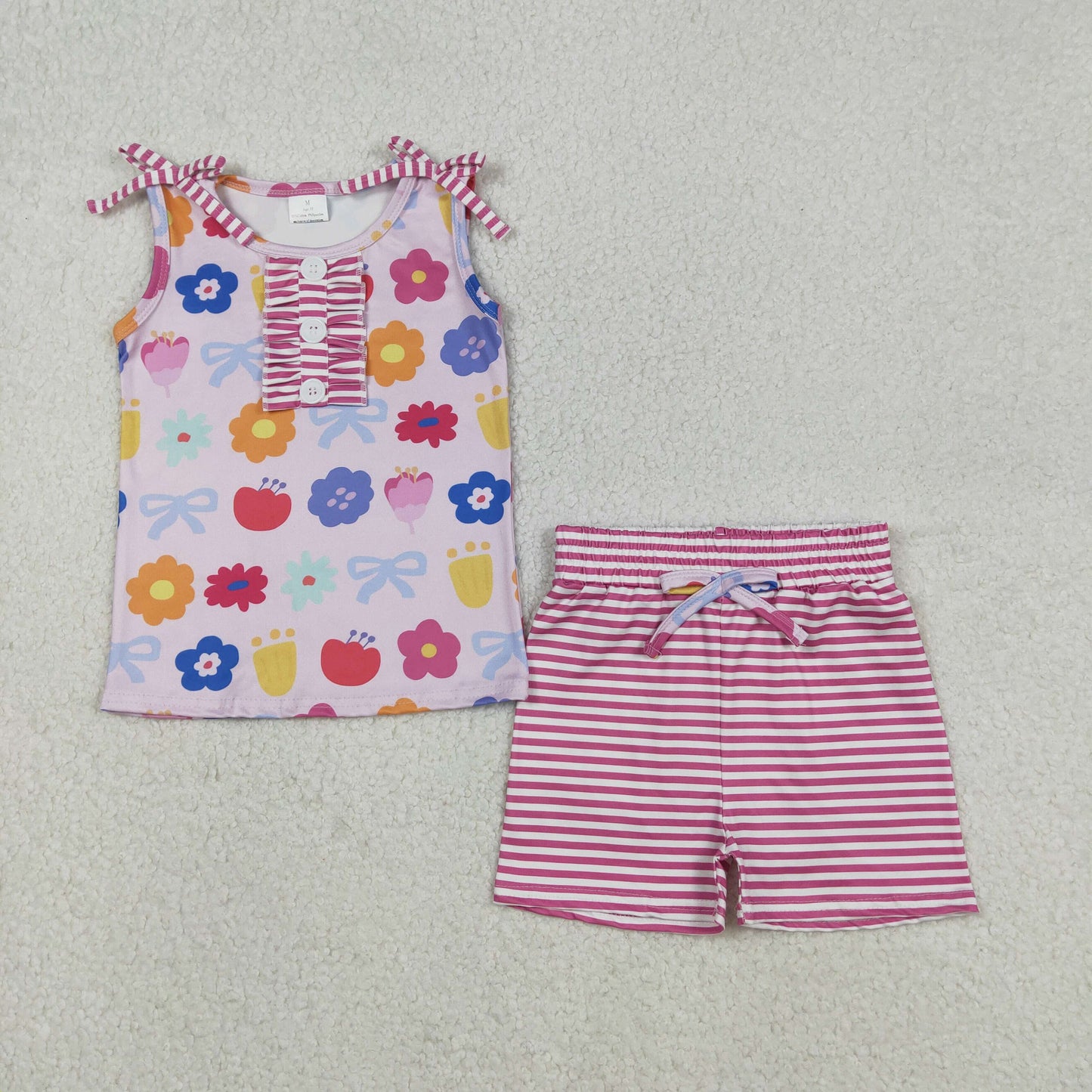 GSSO2830 Baby Girls Colorful Bows Flowers Button Top Stripe Shorts Clothes Sets