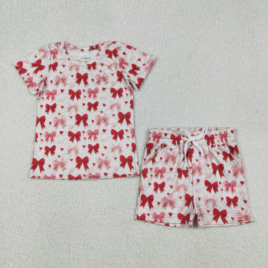 GSSO2835 Baby Girls Red Hearts Bows Top Pocket Shorts Valentines Clothes Sets