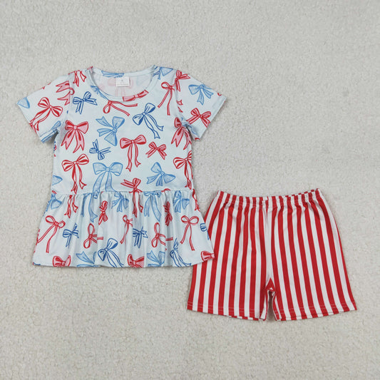 GSSO2838 Baby Girls Red Blue Bows Ruffle Tunic Stripe Shorts 4th of July Clothes Sets