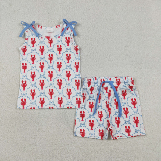 GSSO3005 Baby Girls Sleeveless Bows Crayfishes Checked Top Shorts Clothes Set