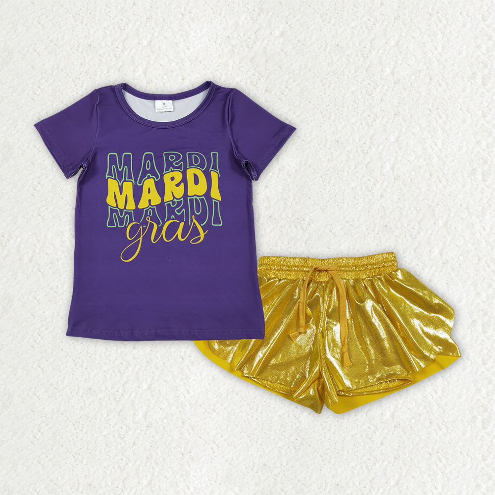 GSSO3044 Baby Girls Mardigras Top Gold Ruffle Pleated Shorts Clothes Sets