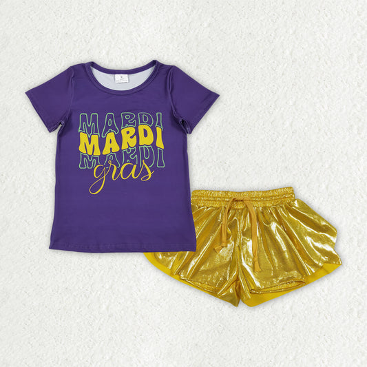 GSSO3044 Baby Girls Mardigras Top Gold Ruffle Pleated Shorts Clothes Sets