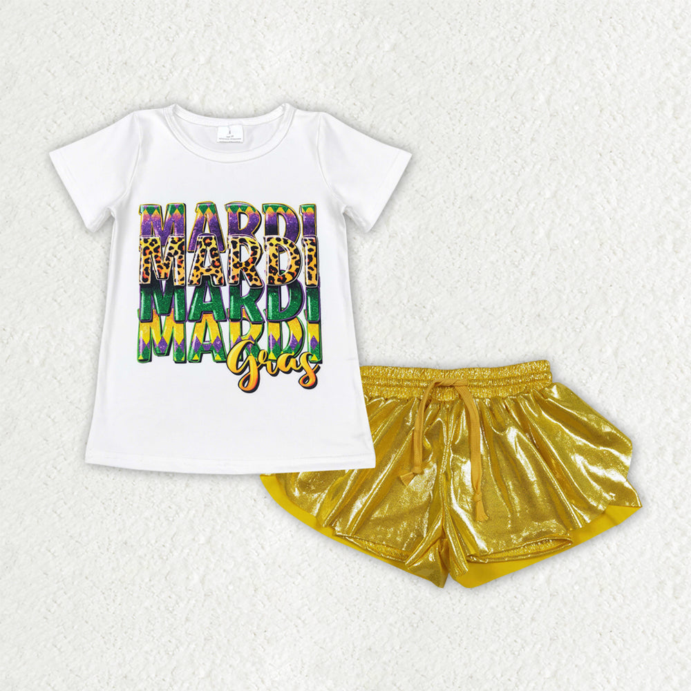 GSSO3045 Baby Girls Mardigras Top Gold Ruffle Pleated Shorts Clothes Sets