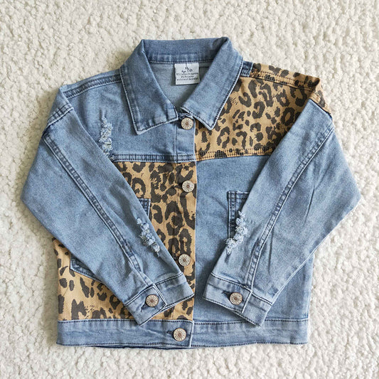 Kids girl denim leopard ripped with pocket jacket GT0002