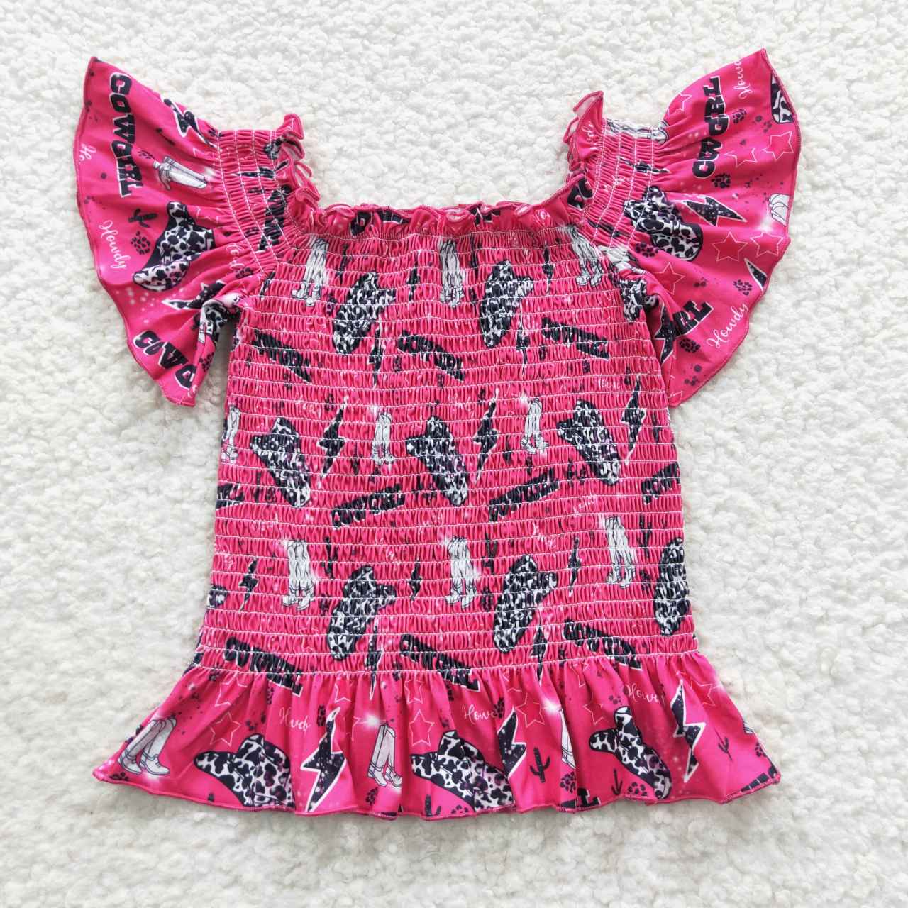 Flamingo cowgirl print short sleeved one shoulder top GT0181